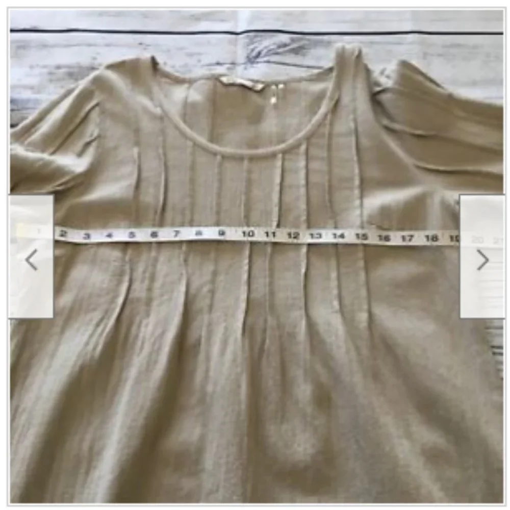 Soft‎ Surroundings Women's Tan 3/4 Sleeve Pleated Scoop Neck Top Blouse